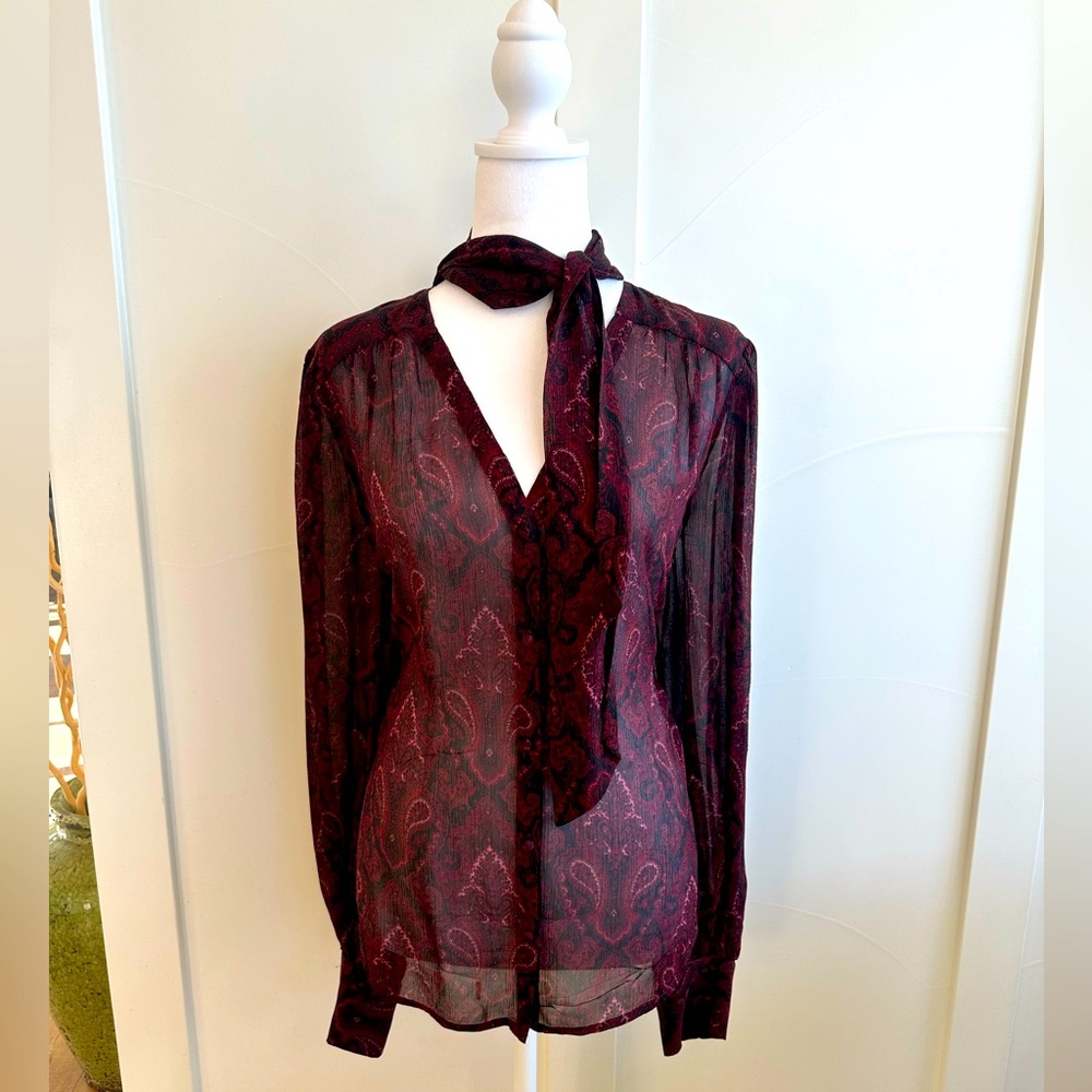 NWOT Paige Cleobelle Silk Tie Neck Blouse Cabernet Large